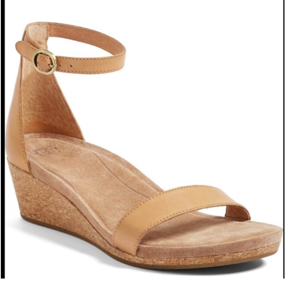 UGG Tan Ankle-Strap Cork Wedges